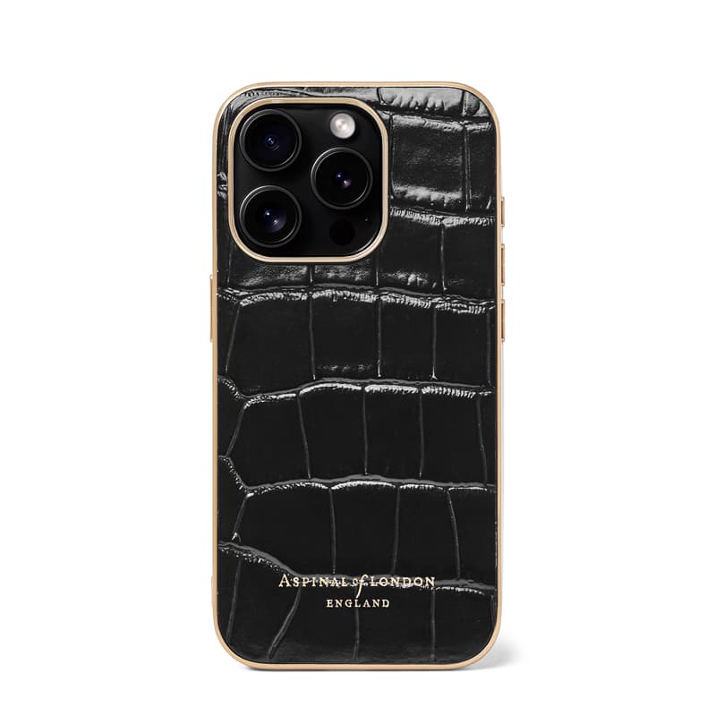 Aspinal of London iPhone 15 Pro Case in Deep Shine Black Croc