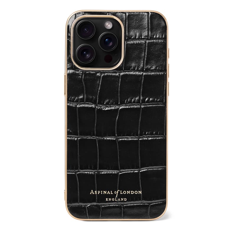 Aspinal of London iPhone 15 Pro Max Case in Deep Shine Black Croc
