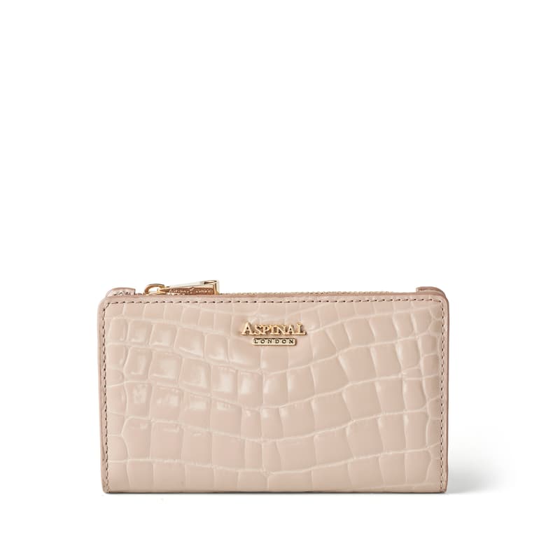 Aspinal of London Mayfair Coin & Card Wallet in Soft Taupe Patent Croc