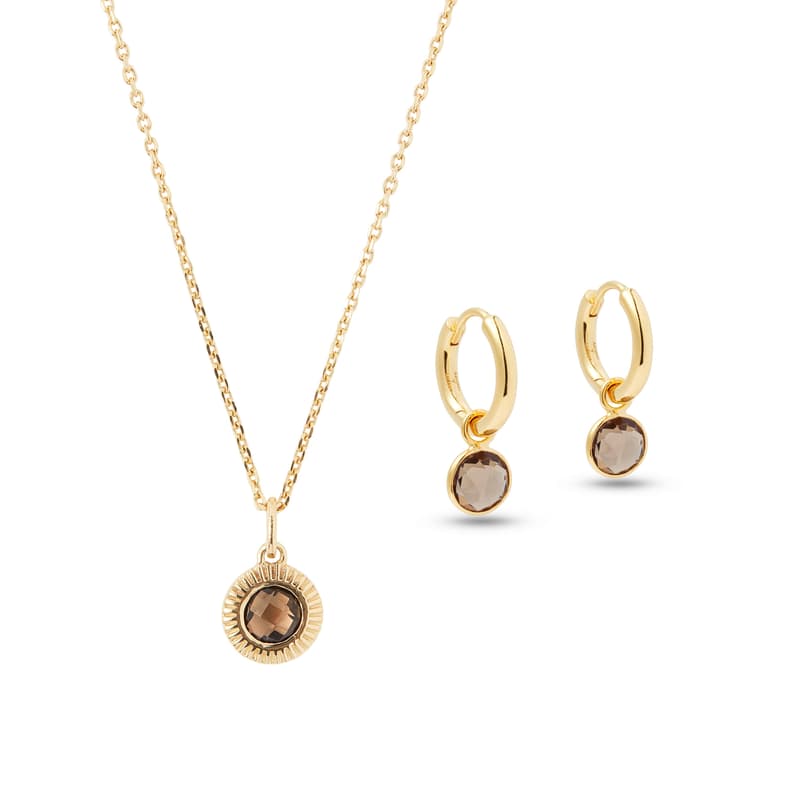 Aspinal of London Gemstone Pendant Necklace & Huggie Earrings Set in Smoky Quartz & 18ct Gold Vermeil