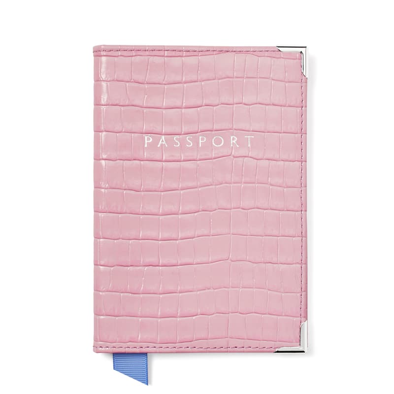 Aspinal of London Passport Cover in Deep Shine Powder Lilac Small Croc
