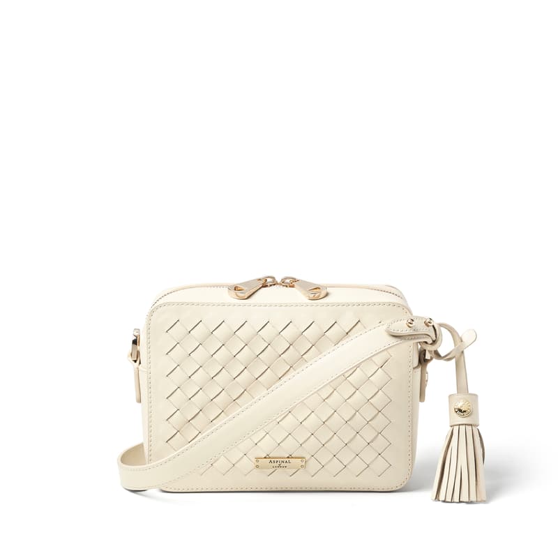 Aspinal of London Camera Woven Leather Crossbody Bag in Ivory