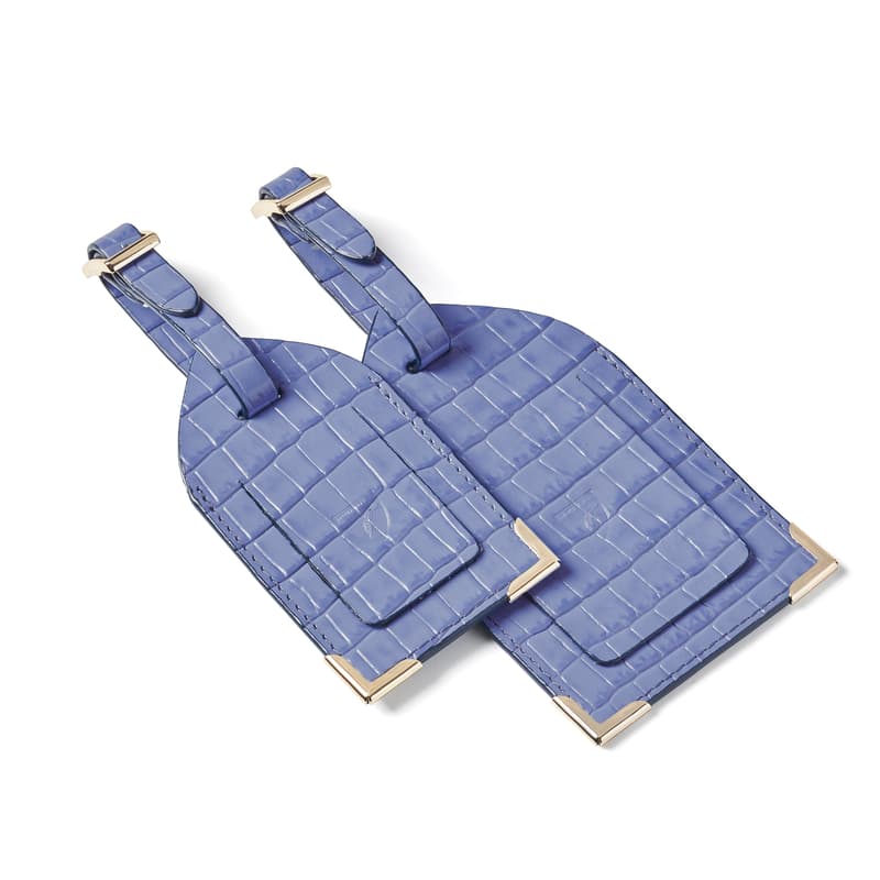 Aspinal of London Set of 2 Luggage Tags in Deep Shine Capri Blue Small Croc