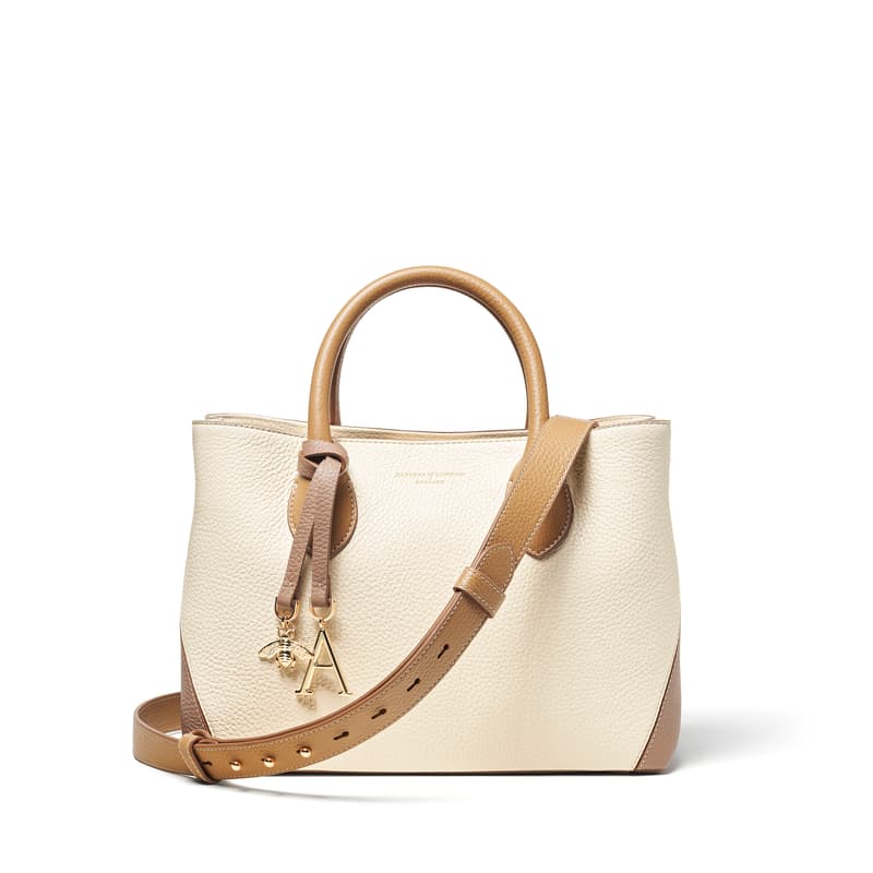 Aspinal of London Midi London Tote Bag in Deep Taupe & Ivory Pebble