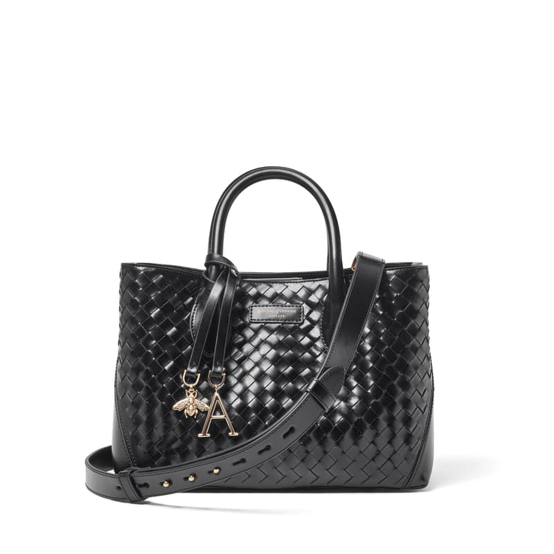 Aspinal of London Midi London Tote in Black Patent Woven Leather