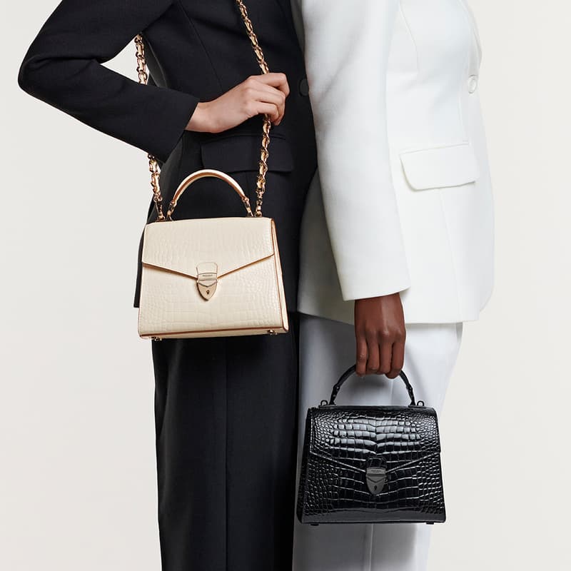 Aspinal Of London Mayfair 2 Midi Cream Leather Crocodile Print Bag In White