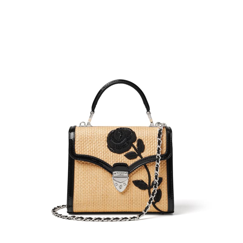 Aspinal Of London Midi Mayfair Black Rose Hand Embroidery On Natural Raffia In Neutral