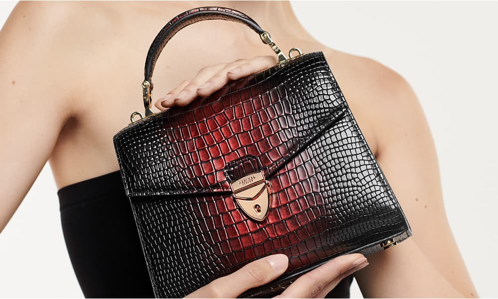 【ASPINAL OF LONDON】Midi Mayfair 2 レザー 2WAY バッグ Mayfair® 2 Clutch Bag in Midnight Faux Patent Croc | Aspinal