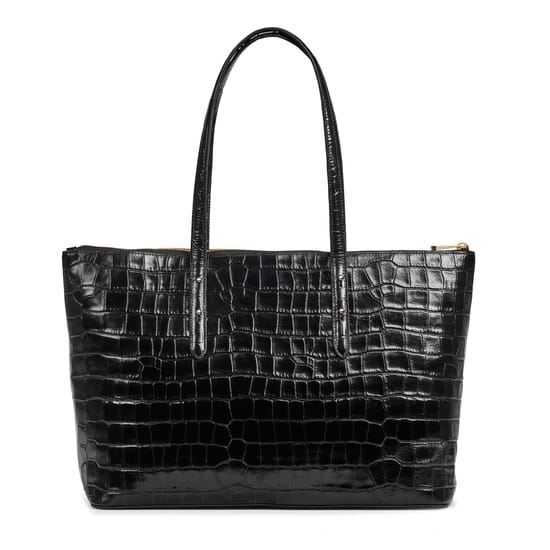 Zipped Regent Leather Tote Bag in Black Croc | Aspinal of London