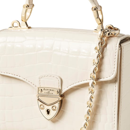 ASPINAL OF LONDON Mayfair レザーパスケース ホワイト Top Handle Bag: Ivory Patent Croc Mayfair® | Aspinal of London
