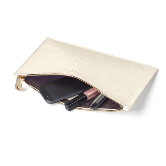 Large Flat Pouch in Deep Shine Ivory Croc Aspinal of London
