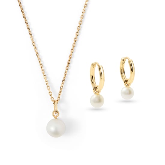 Jewellery Set: Pearl Pendant Necklace Huggie Earrings Aspinal