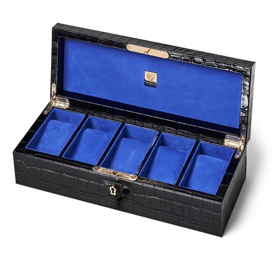 Black Croc Cobalt Suede Five Watch Box Aspinal of London
