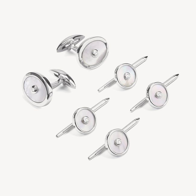 Oval Cufflinks & Dress Shirt Studs Set Mother of Pearl & Diamonds set in 9ct White Gold