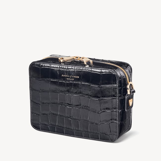 Black Croc Vegan Leather Camera Crossbody Handbag Aspinal