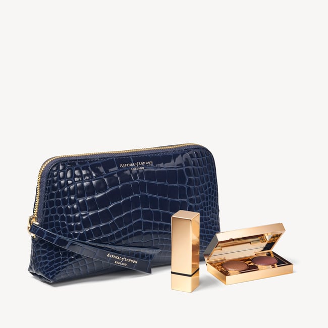 Small Cosmetic Case in Blue Patent Croc Aspinal of London