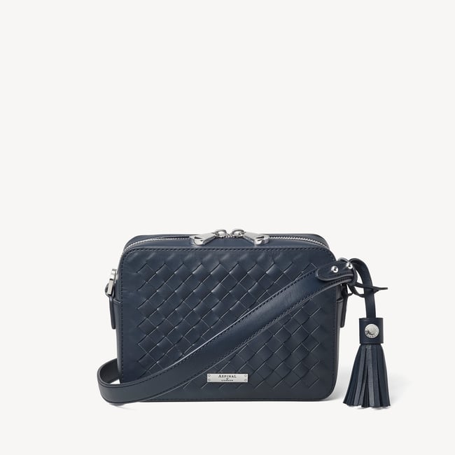 Camera Crossbody Bag in French Navy Woven Leather Aspinal