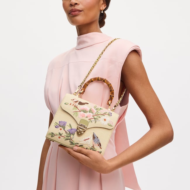 Midi Mayfair® Embroidered Bag English Garden Hand Embroidery on Canvas Raffia