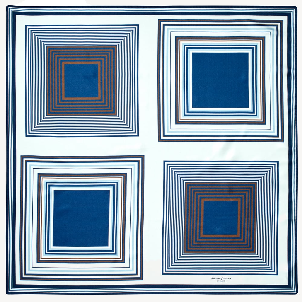Mirrored Squares Silk Scarf Pool Blue & Brown Pure Silk