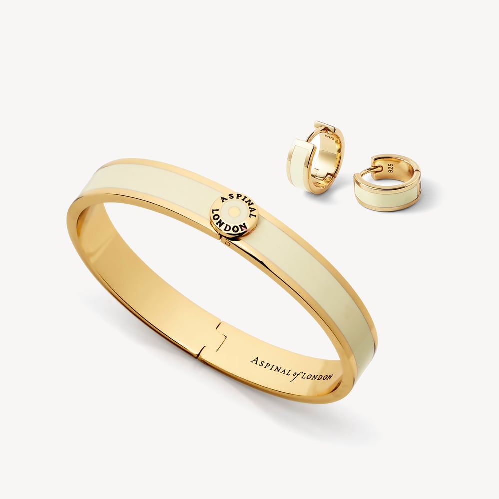 Enamel Earrings & Bangle Set Ivory Enamel & 18ct Gold Plated