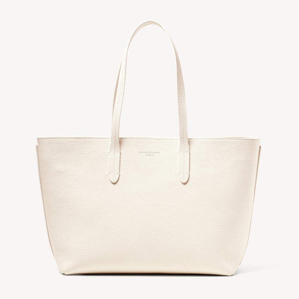Zipped East West Leather Tote Bag Chalk White Pebble