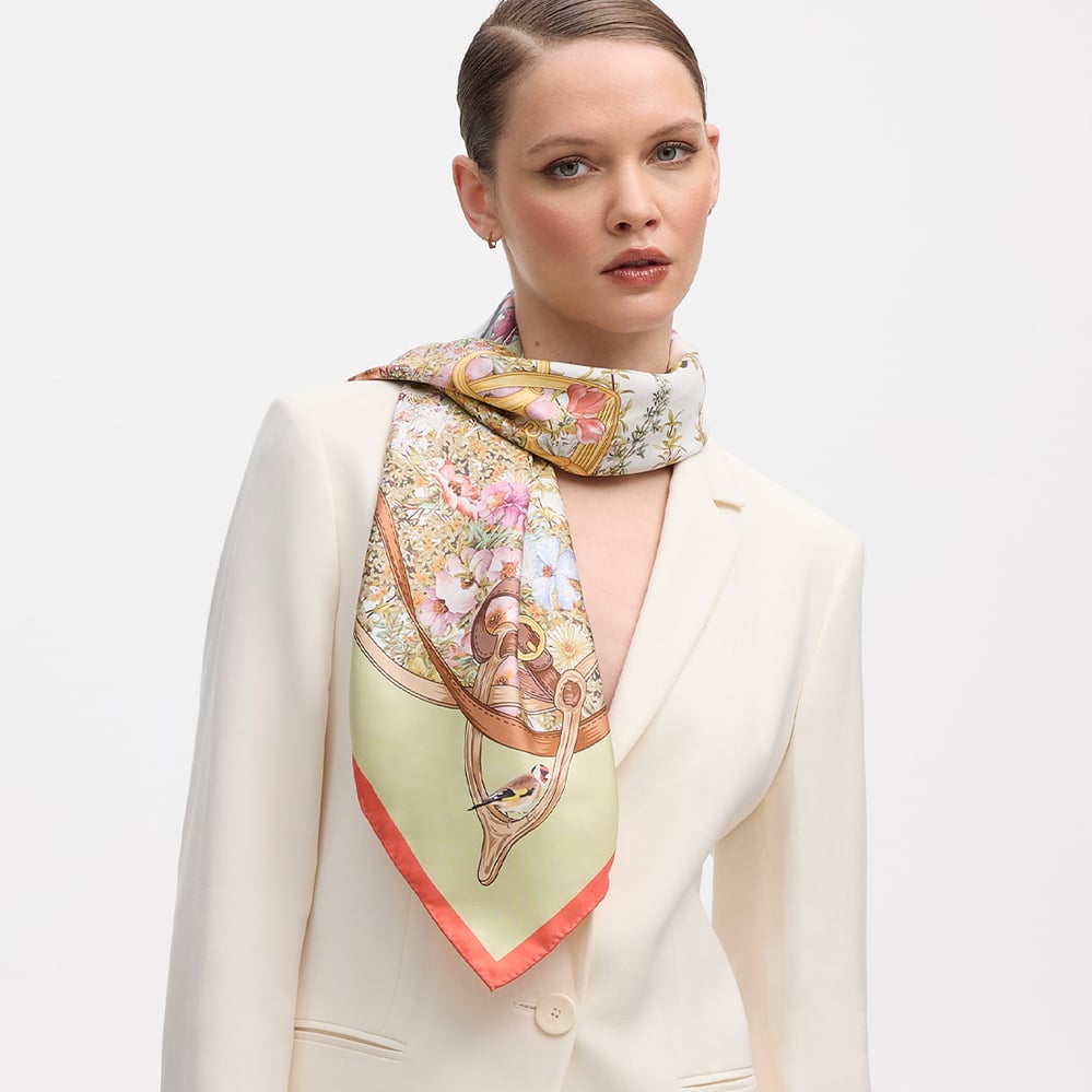 Edwardian Garden Silk Scarf Coral Pure Silk