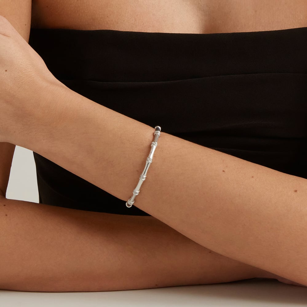 Bamboo Cuff Bracelet White Topaz & Rhodium Silver Plated