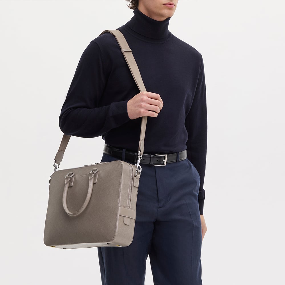 Mount Street Leather Laptop Briefcase Warm Grey Saffiano