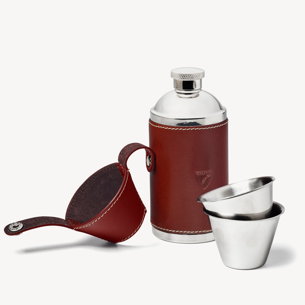 6oz Hunter Leather Flask Smooth Cognac & Espresso Suede