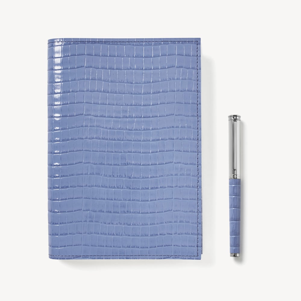 A5 Refillable Journal & Pen Set Deep Shine Capri Blue Small Croc
