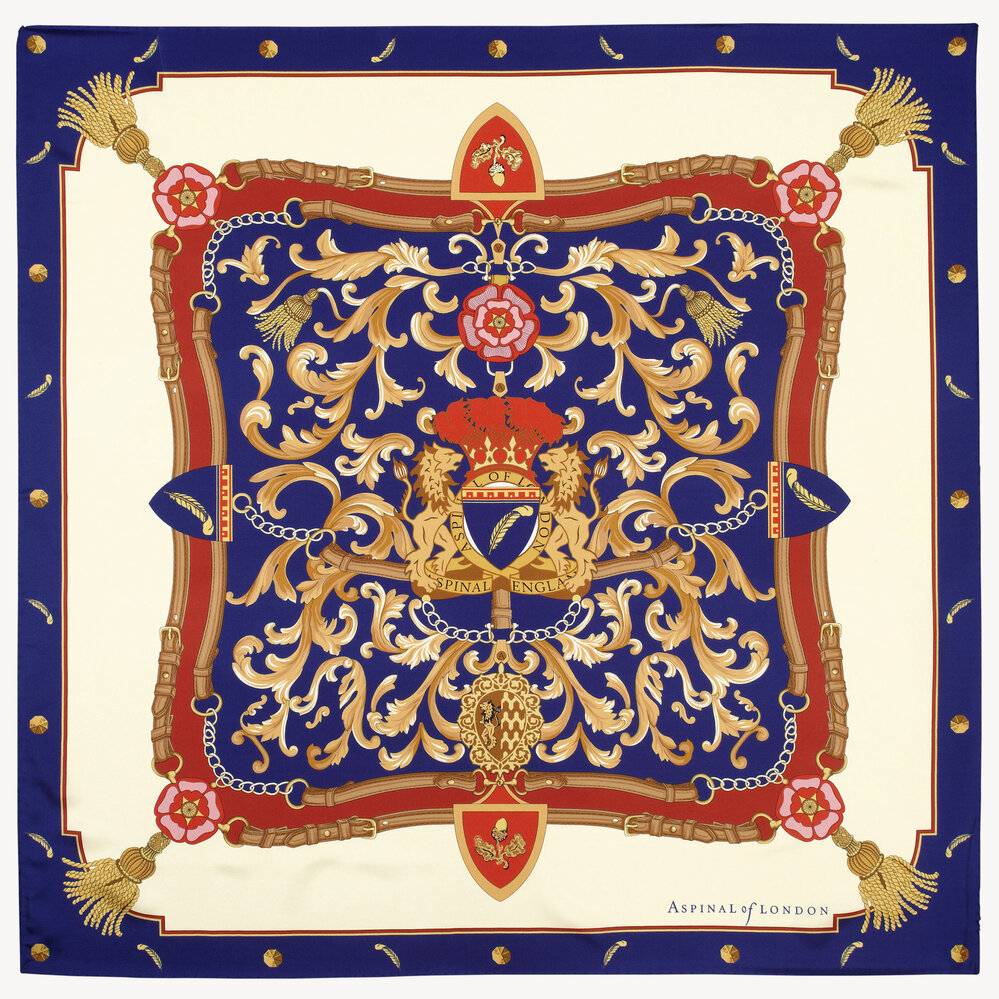 Aspinal Signature Shield Silk Scarf Blue Pure Silk