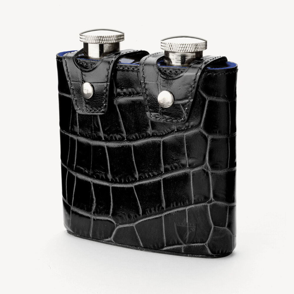 Double 6oz Leather Hip Flask Deep Shine Black Croc & Cobalt Blue Suede