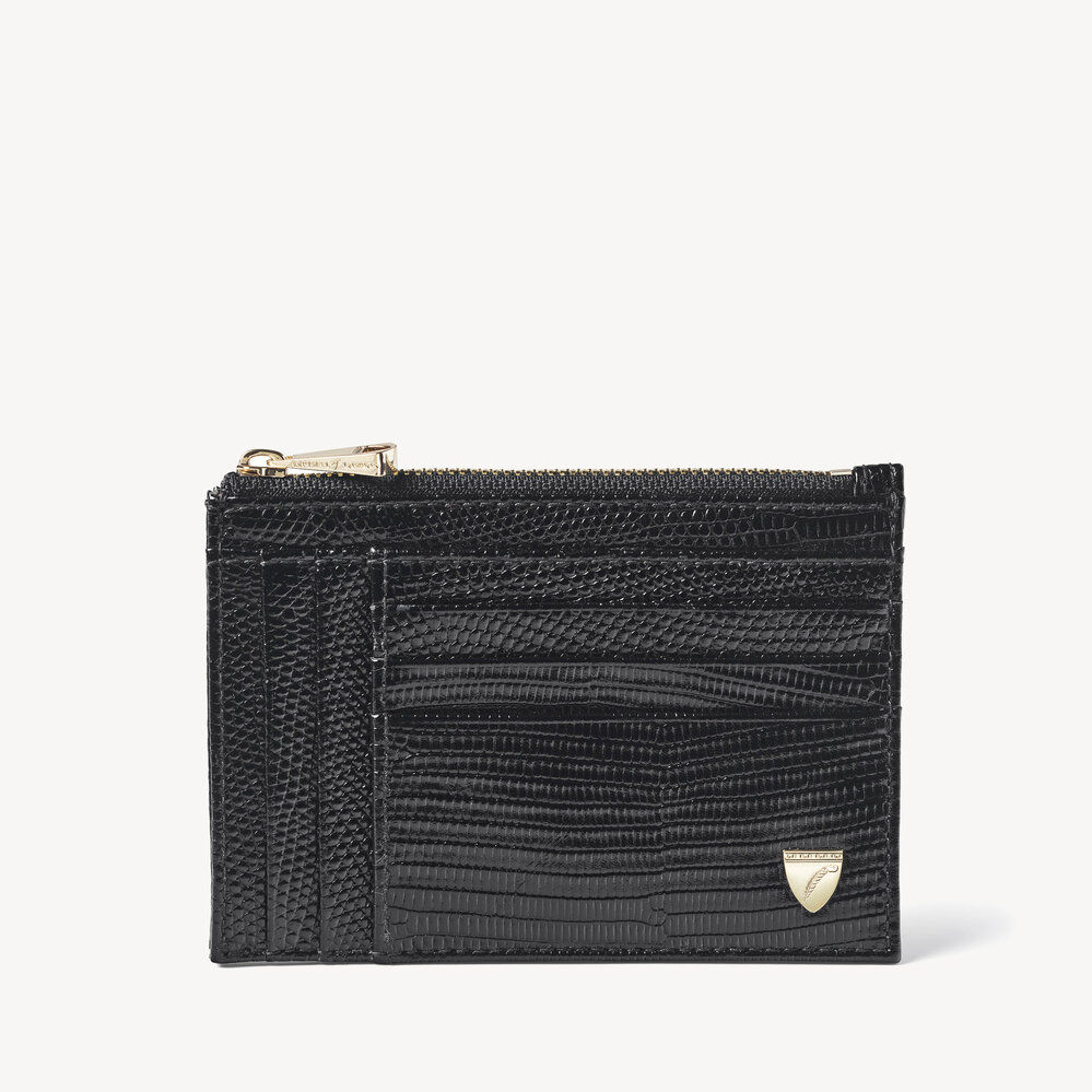 Double Sided Zipped Card & Coin Holder Black Lizard
