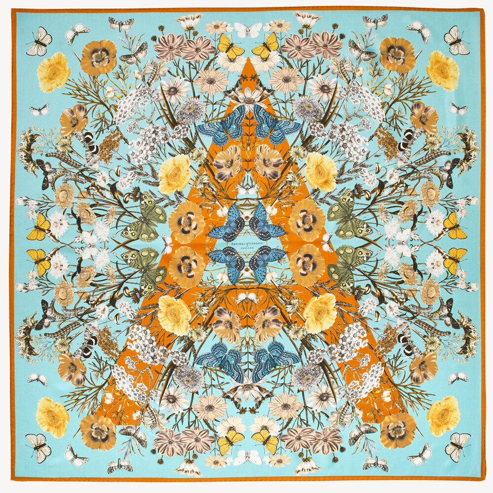 Botanical 'A' Silk Scarf Pool Blue Pure Silk