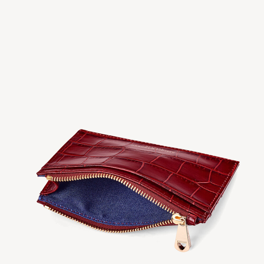 Double Sided Zipped Card & Coin Holder Deep Shine Bordeaux Croc