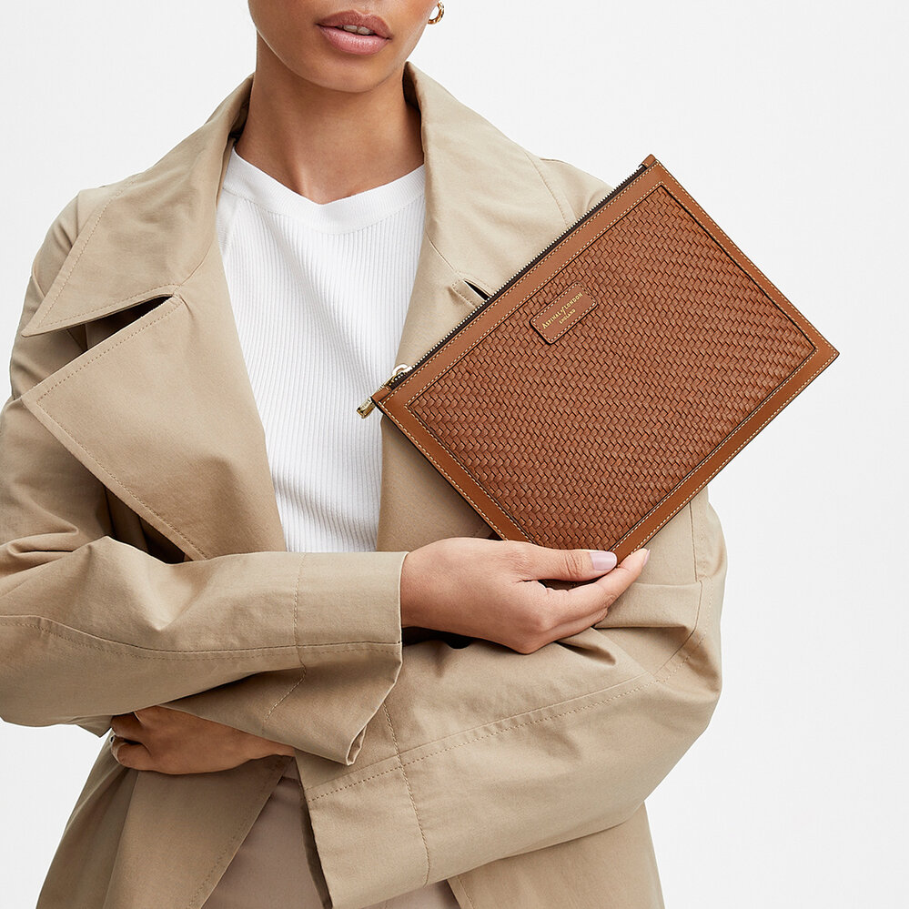 Large Essential Flat Pouch Tan Woven Leather