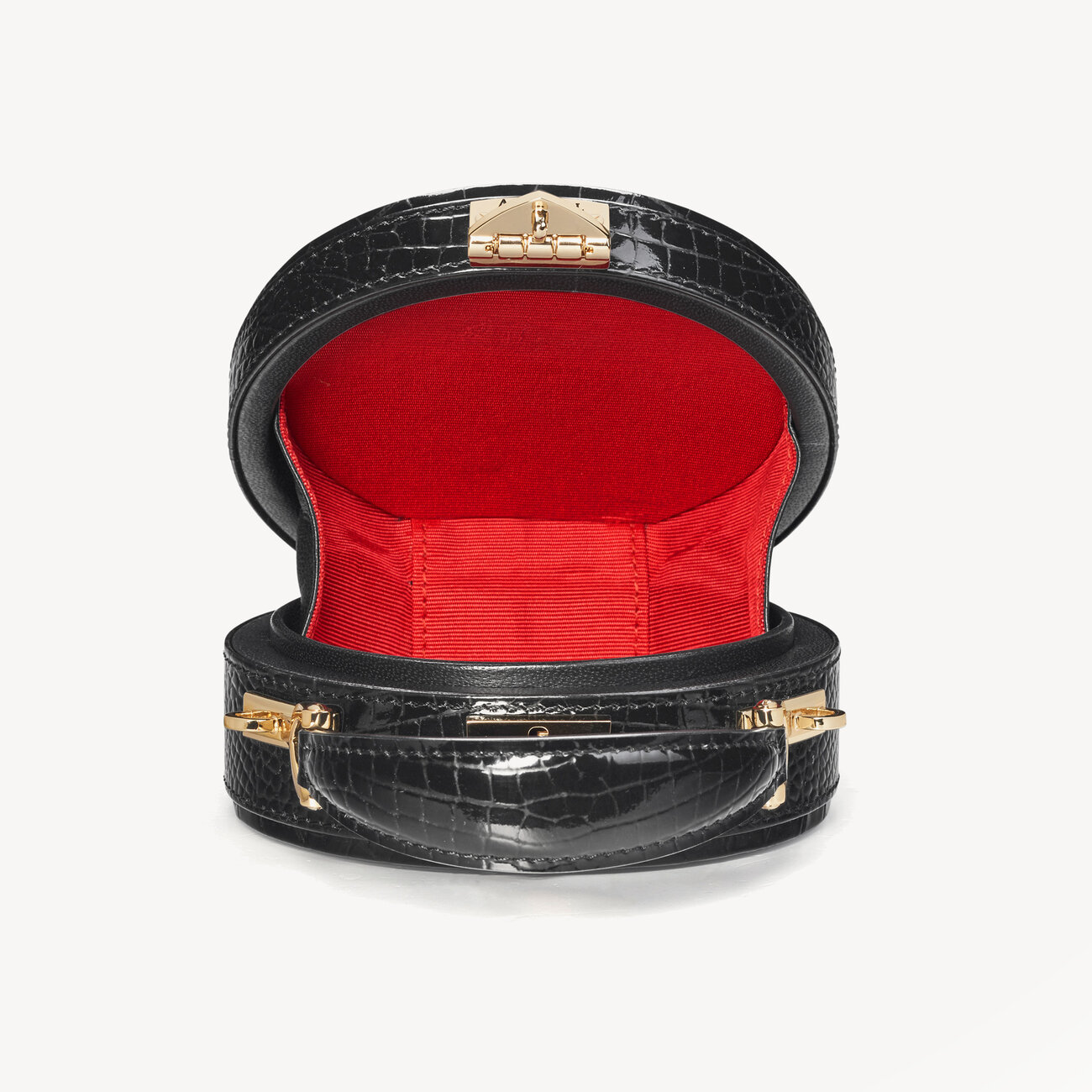 Micro Hat Box in Black Patent Croc Aspinal of London