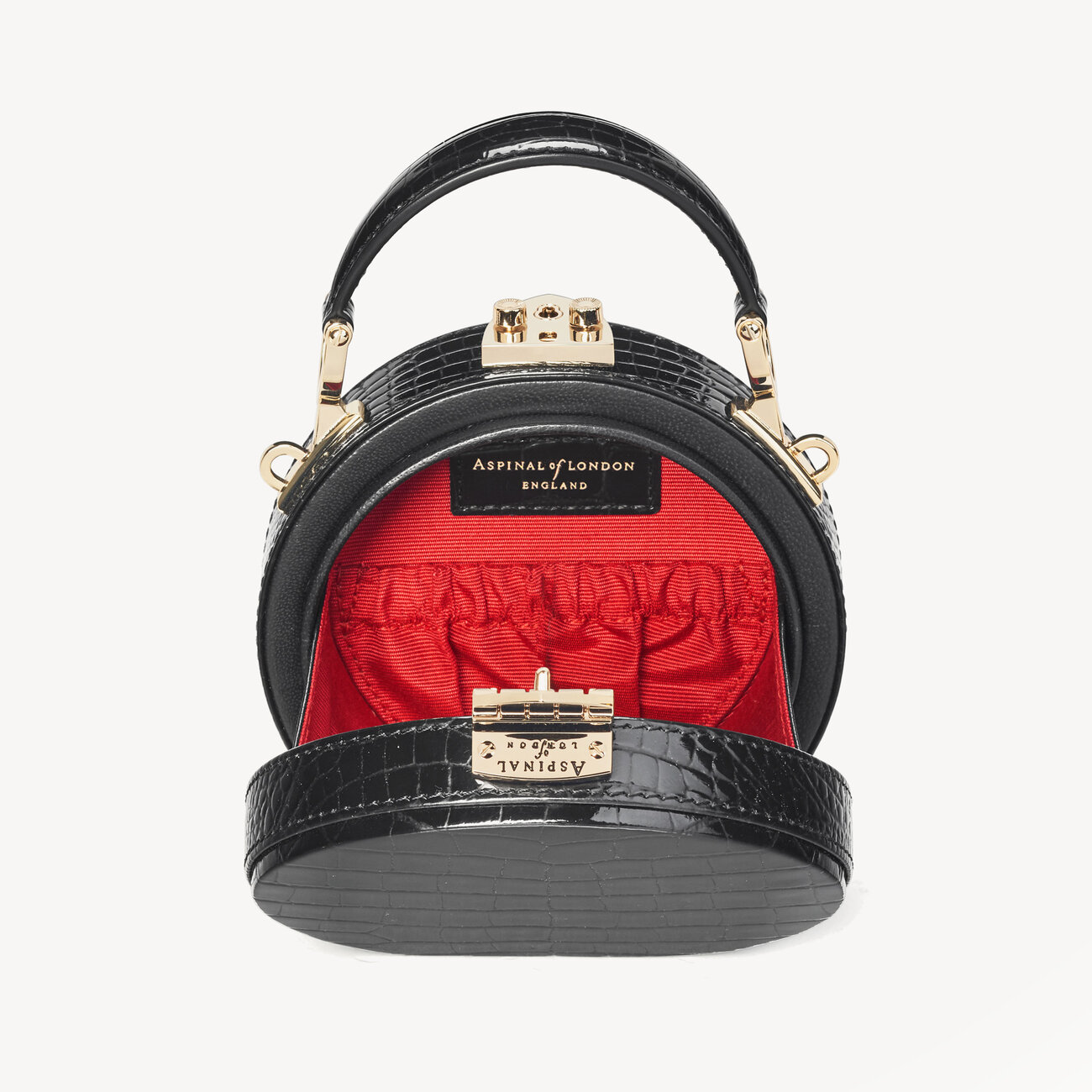 Micro Hat Box in Black Patent Croc Aspinal of London