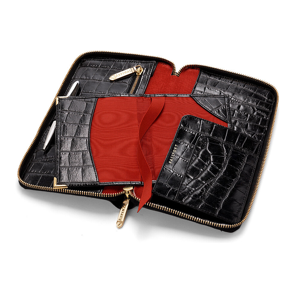 Black Croc Zipped Travel Wallet & Passport Cover Aspinal