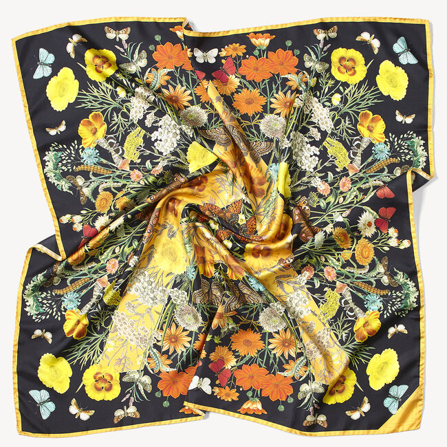 Botanical 'A' Silk Scarf Black & Gold Pure Silk