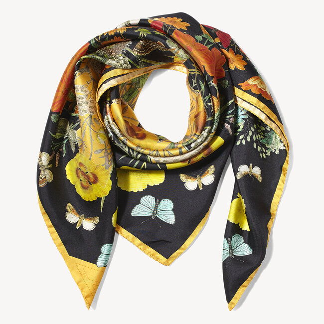 Botanical 'A' Silk Scarf Black & Gold Pure Silk
