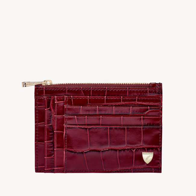 Double Sided Zipped Card & Coin Holder Deep Shine Bordeaux Croc