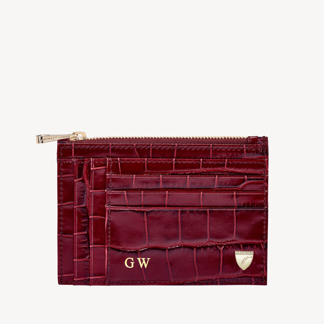 Double Sided Zipped Card & Coin Holder Deep Shine Bordeaux Croc