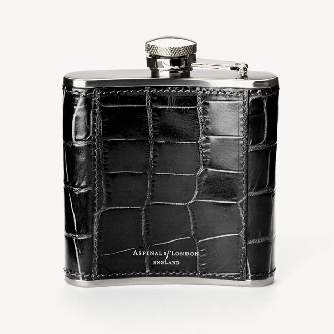 Classic 5oz Leather Hip Flask Deep Shine Black Croc