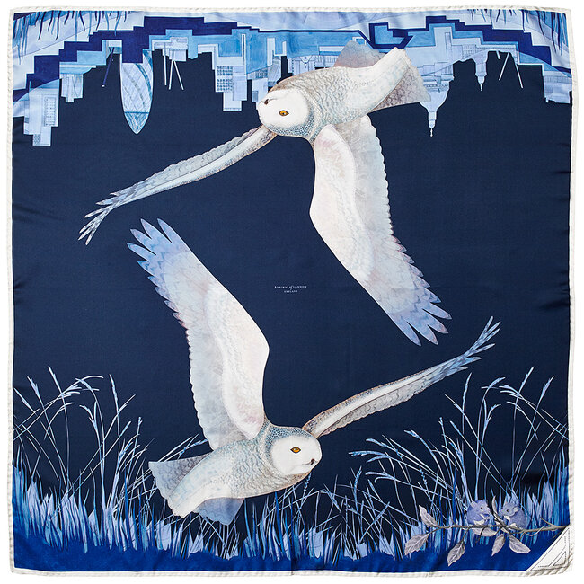 Owl in the City Silk Scarf Navy & Cobalt Blue Pure Silk