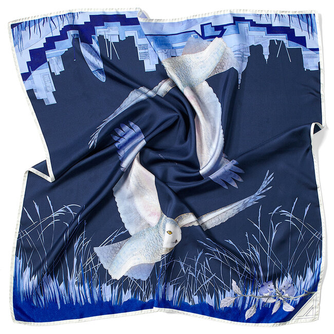 Owl in the City Silk Scarf Navy & Cobalt Blue Pure Silk