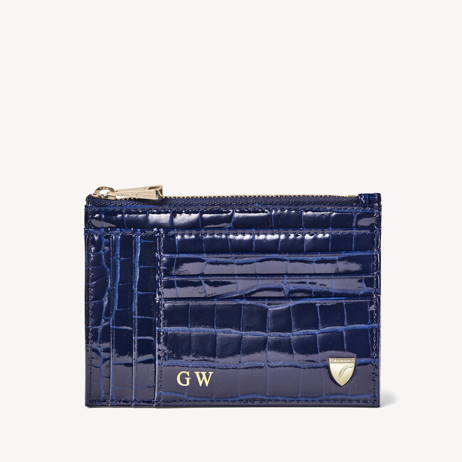 Double Sided Zipped Card & Coin Holder Midnight Blue Patent Croc