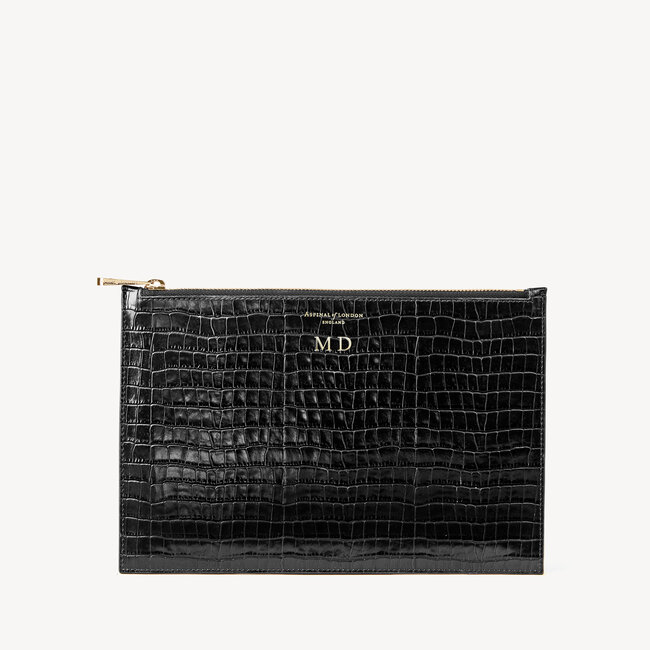 Large Essential Flat Pouch Deep Shine Black Small Croc