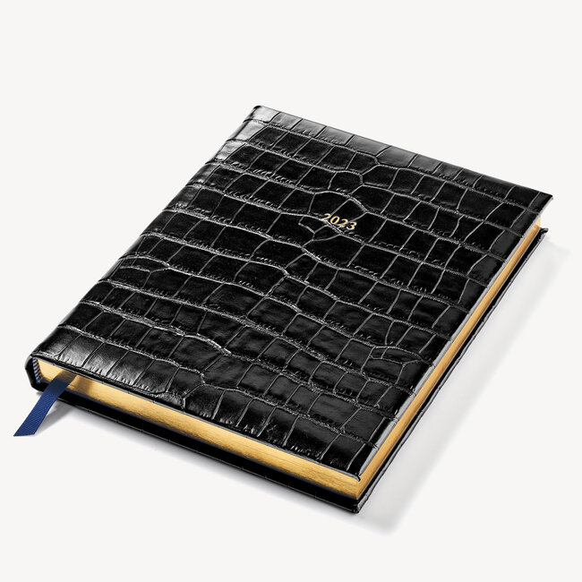 2023 A4 Day to Page Leather Diary Deep Shine Black Croc