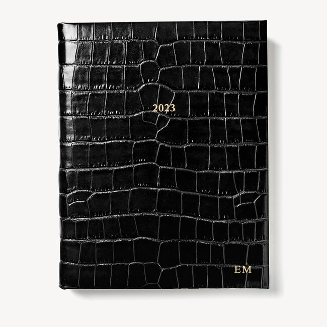 2023 A4 Day to Page Leather Diary Deep Shine Black Croc